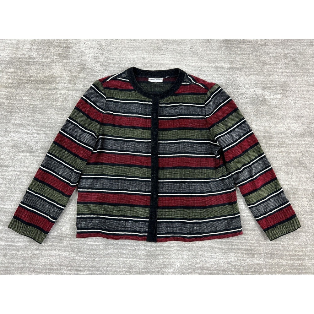 Alfred Dunner Jacket Women 12P Red Green Striped Button Front Velvet Trim Petite